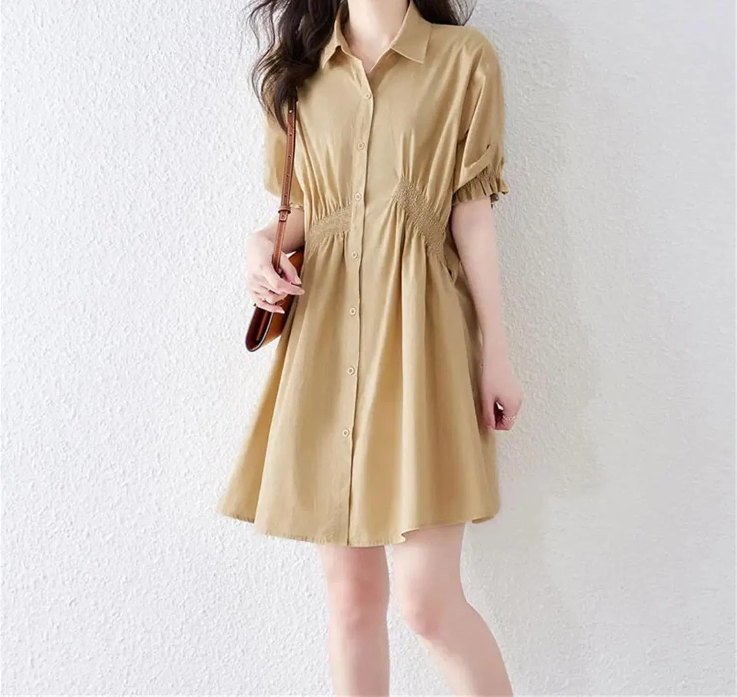 Женское короткое платье А-силуэта с пуговицами Generic, Khaki — фото 4
