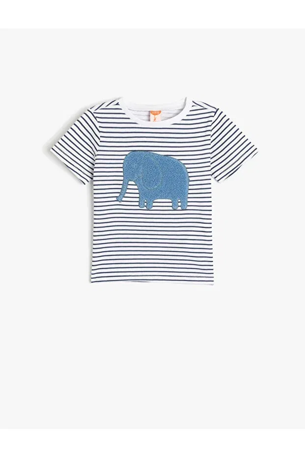 Детская хлопковое футболка с принтом Elephant Appliqued Koton, Blue Striped