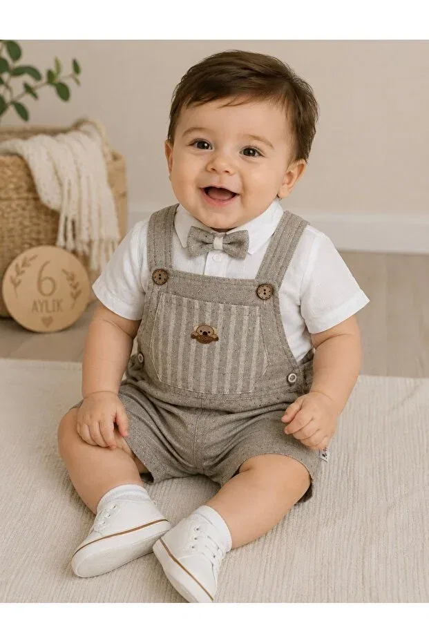 Детский комбинезон с принтом Teddy pocket detailed baby boy bow tie linen salopet set Aki Moda Kids, Beige