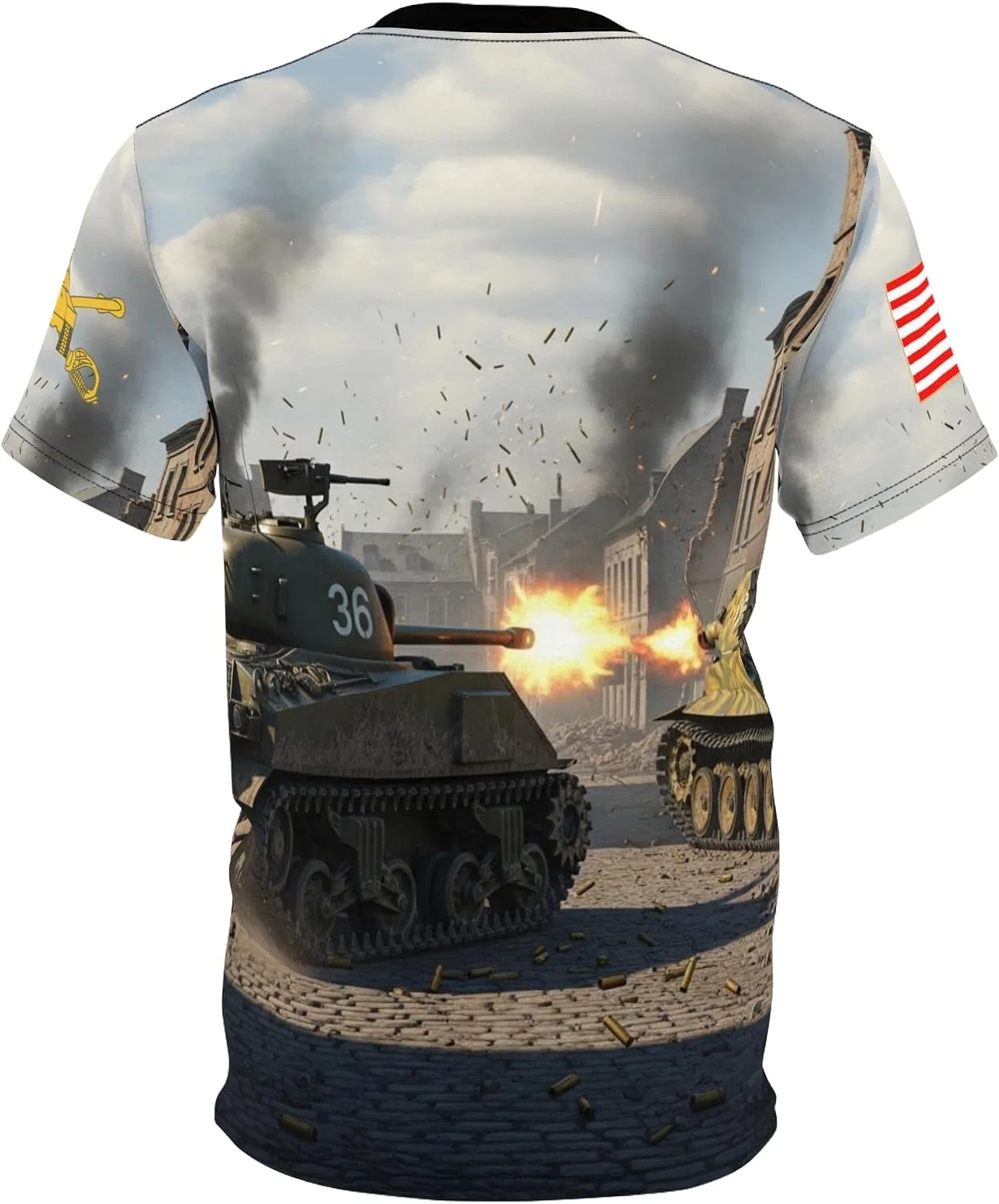Унисекс футболка с принтом Sherman Tank Battle, Black Stitching — фото 4
