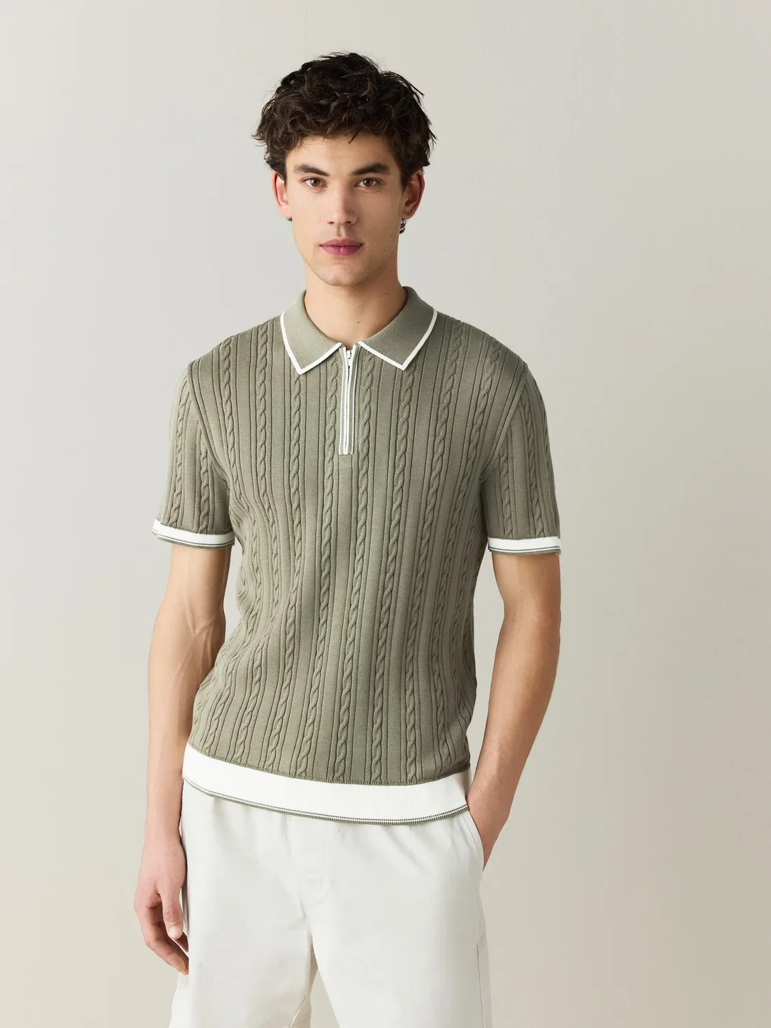 Поло с кабельным вязанием, Slim Fit Next, шалфейно-зеленый — фото 3
