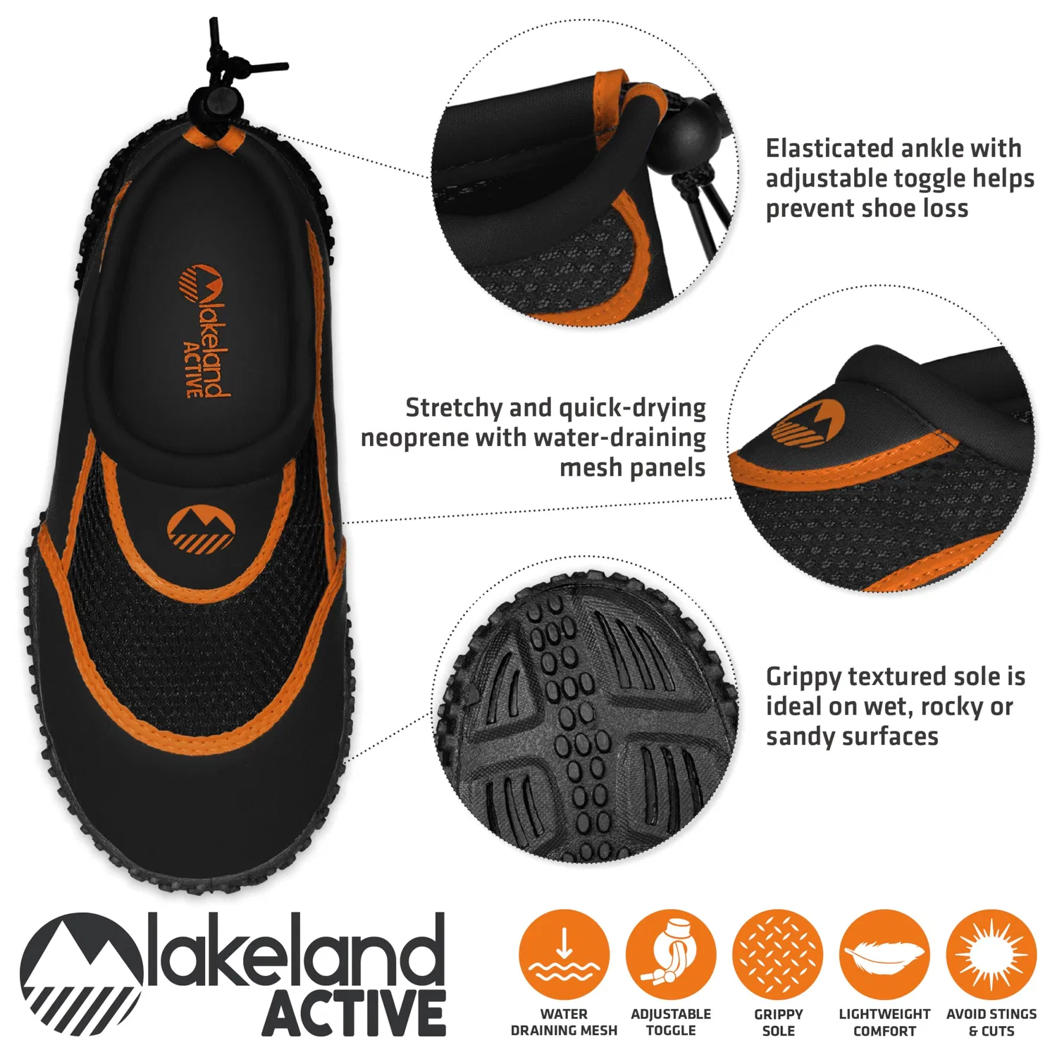 Детские водные туфли для мальчиков с регулируемой пяткой Eden Lakeland Active, Black Orange — фото 4