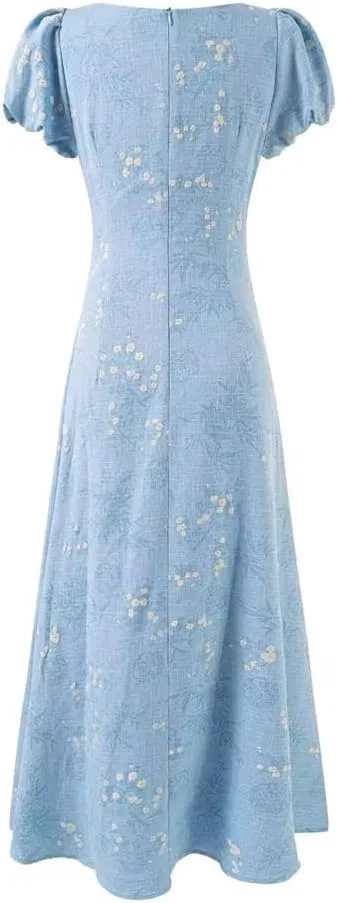 Женское платье миди с цветочным принтом Slim Fit, Skyblue — фото 3