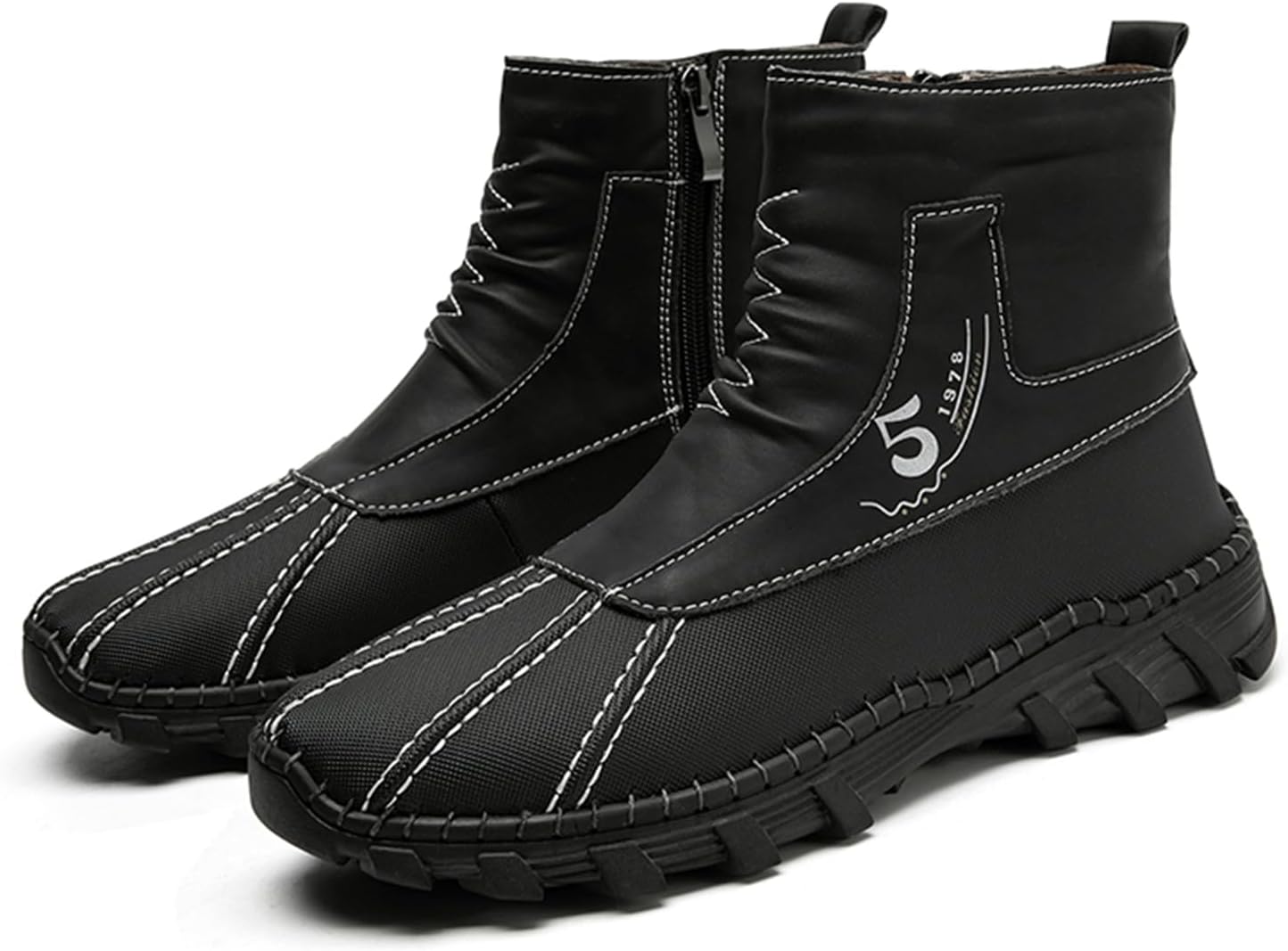 

Мужские водонепроницаемые высокие ботинки из лоскутной кожи с боковой молнией, легкие, противоскользящие, для походов, езды на мотоцикле, с мягким широким носком и поддержкой свода стопы, для кемпинга, прогулок, вождения и снега Netehadi, черный