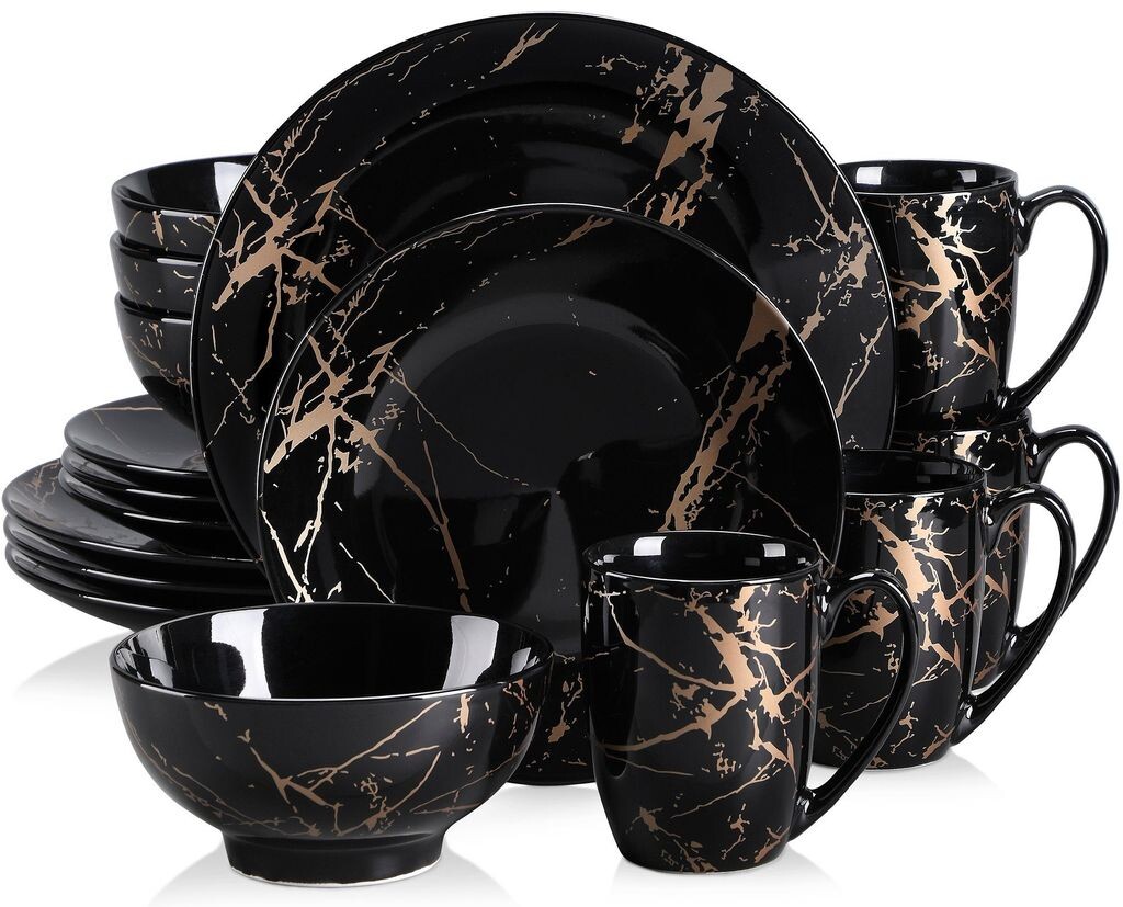 

Обеденный сервиз из фарфора, комбинированный сервиз LOVECASA из 16 предметов, красочный, обеденный набор посуды на 4 персоны, обеденные тарелки, чашки, десертные тарелки и миски, черный