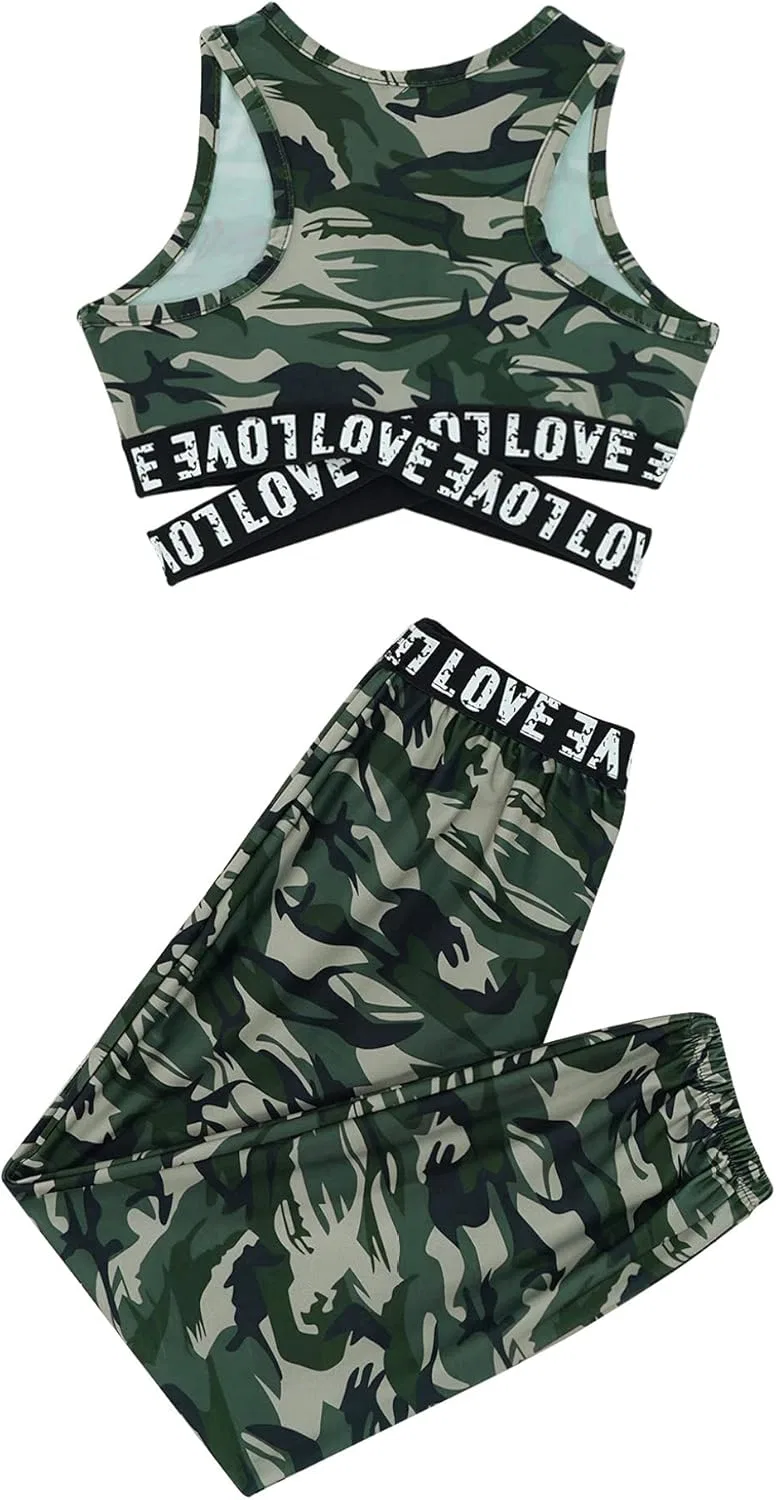 Детский спортивный костюм для девочек Mufeng топ и леггинсы, Camouflage Green — фото 4