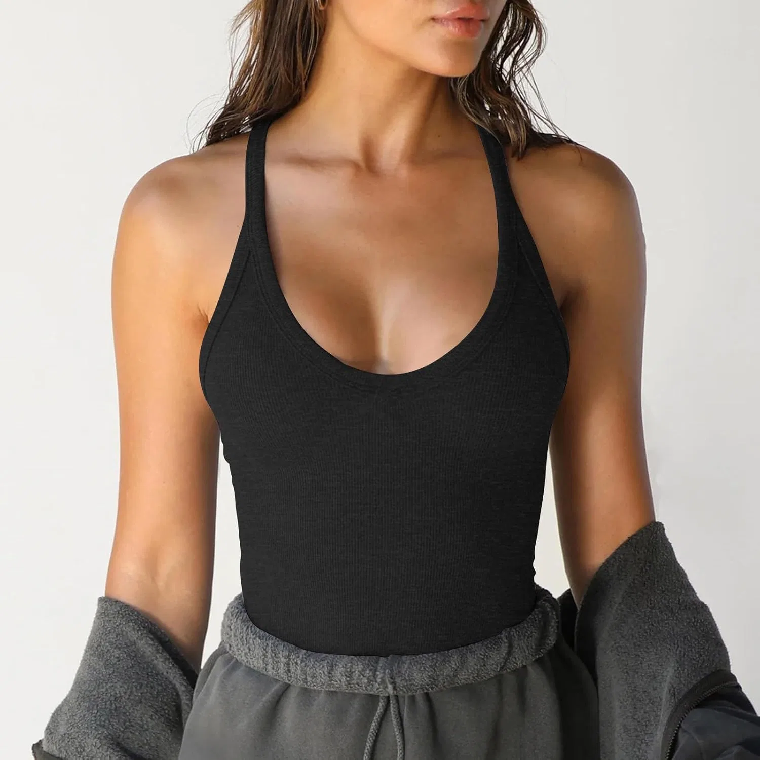 Топ-борцовка женская Ribbed Workout Racerback Tank Tops, черный — фото 2