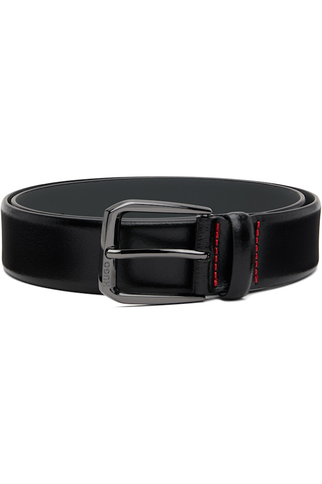 

Кожаный фирменный ремень с пряжкой Hugo, черный