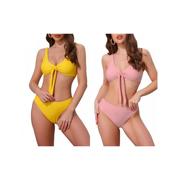 

2 комплекта женского бикини с кружевной шнуровкой и эффектом пуш-ап, 2 предмета: топ на широких бретелях и треугольные трусики Inspire Chic, Yellow Pink, Желтый, 2 комплекта женского бикини с кружевной шнуровкой и эффектом пуш-ап, 2 предмета: топ на широк