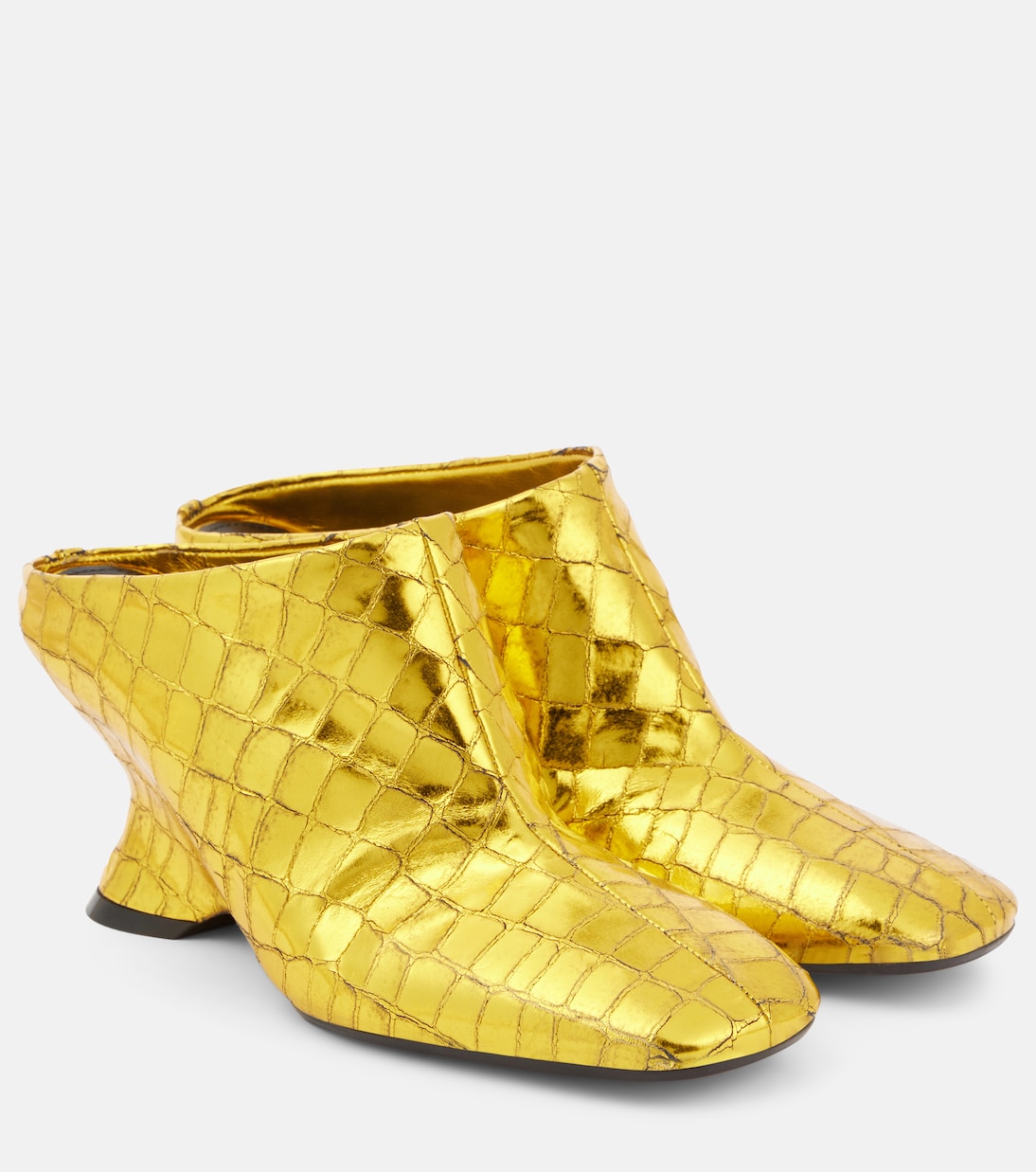 Мюли из кожи с эффектом крокодила на танкетке Dries Van Noten, золотой