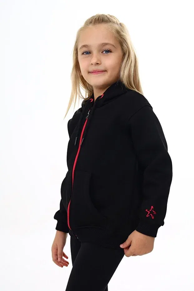 Детский кардиган для девочек с капюшоном Girl'S beige hooded zippered pocket embroidery printed knitted cardigan - 2 thread raised embroidery Toontoy, Black — фото 4