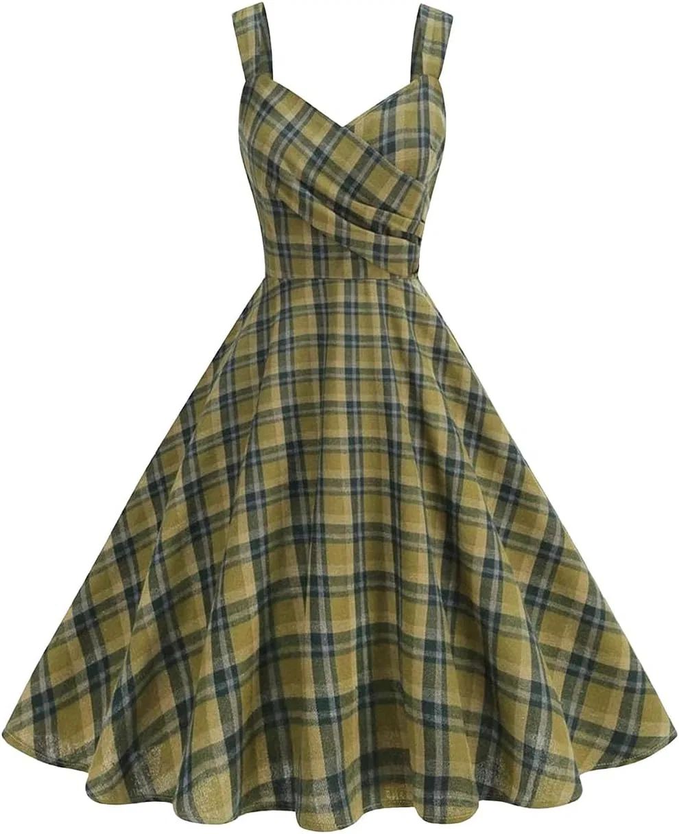 Женское платье с V-образным вырезом и принтом в клетку Vintage Rockabilly Swing, En8