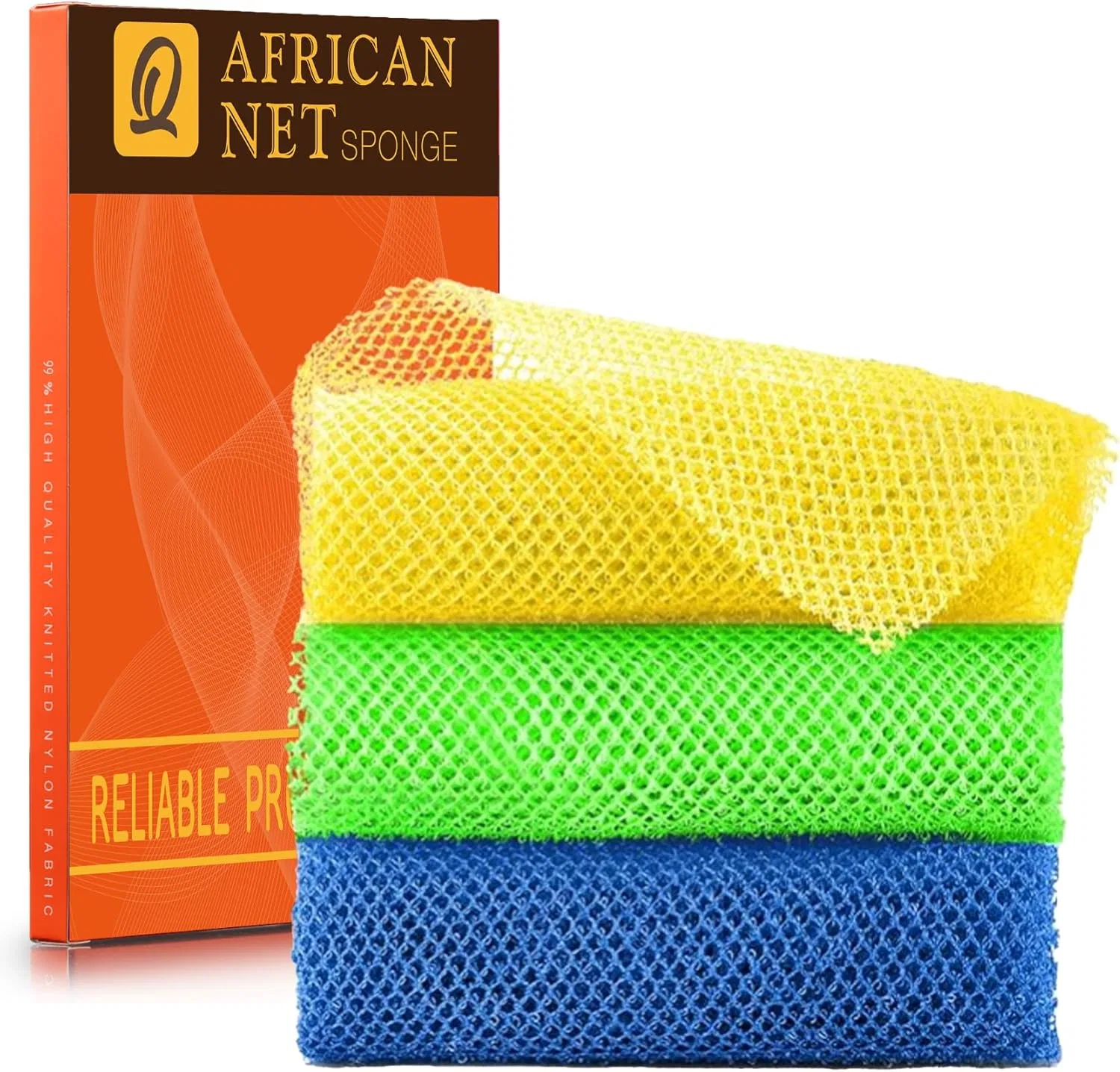 Мочалка для тела African Net Sponge, 3 шт, UJFQBH, 80x30 см, Желтый, Зеленый, Синий