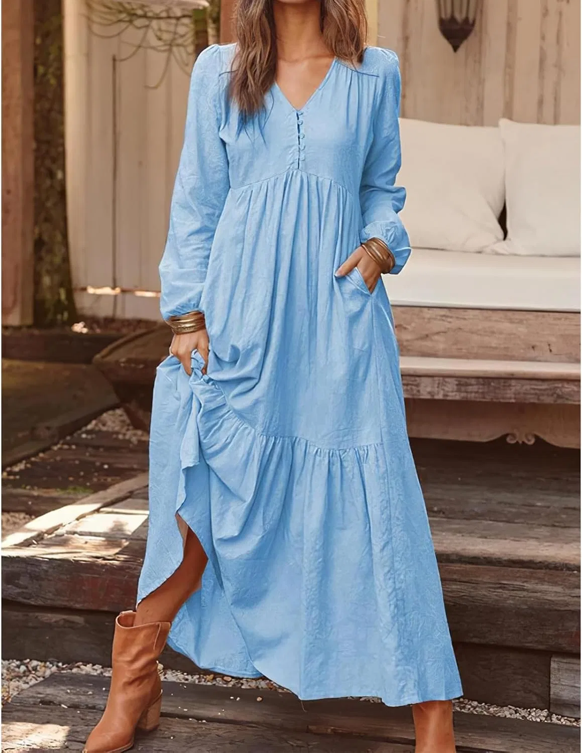 Женское платье макси из льна с V-образным вырезом, Light Blue — фото 2