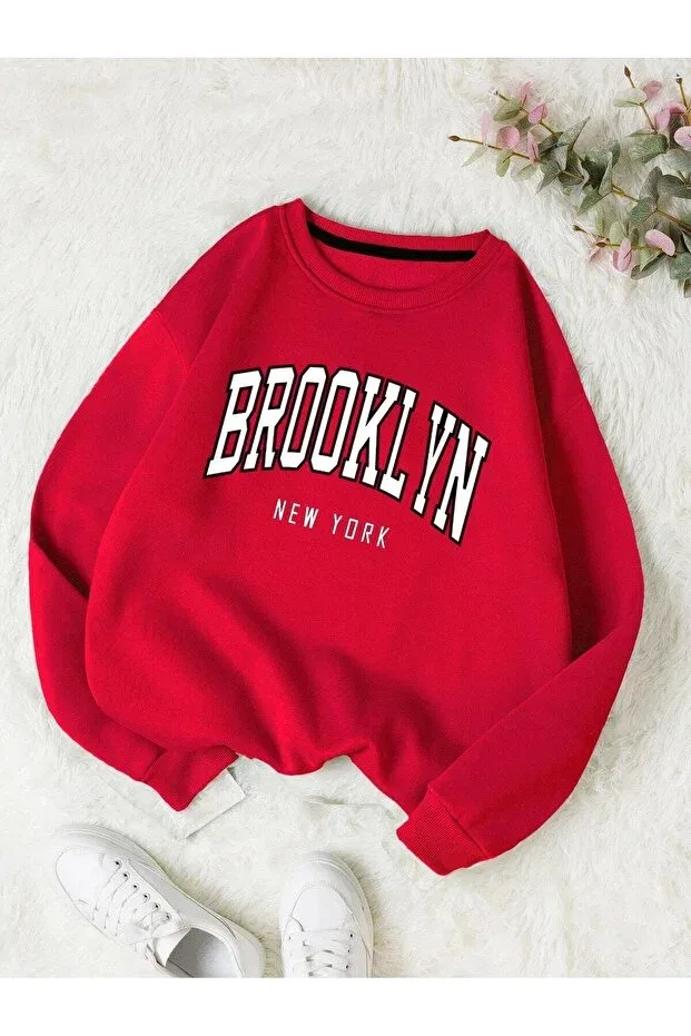 Детские свитшот для девочек оверсайз с принтом Brooklyn Printed Oversize Crew Neck Sweatshirt Novibe, Bb-Red