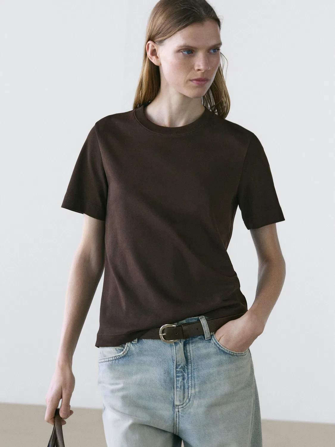 Футболка с круглым вырезом из 100% хлопка интерлок Massimo Dutti, коричневый — фото 3