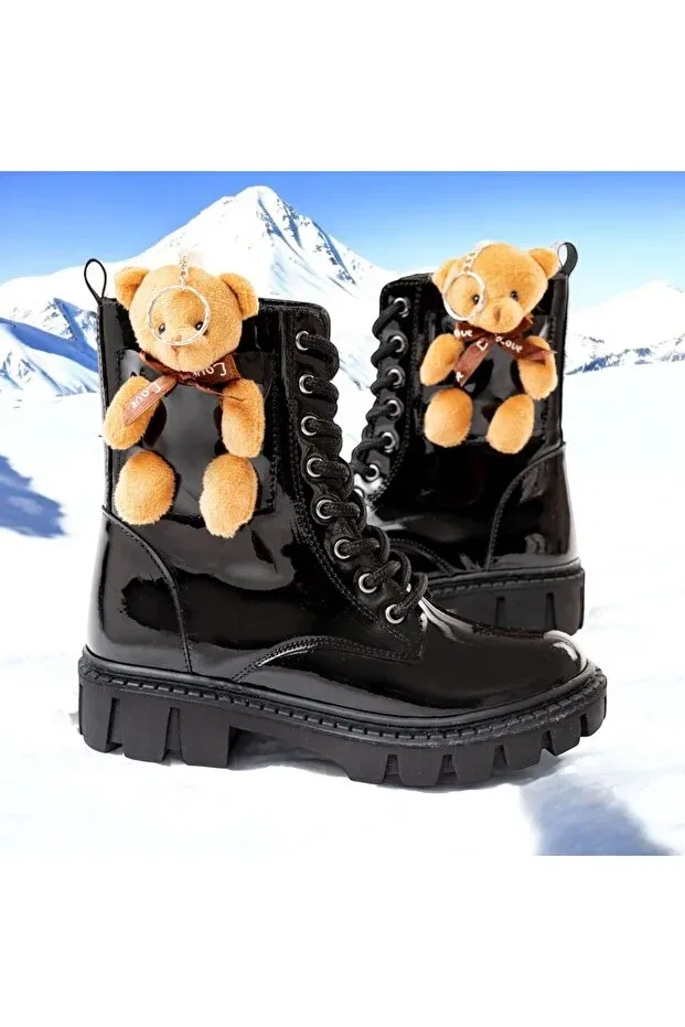 Детские ботинки для девочек водонепроницаемые с принтом медведя Generic Brands, Black Patent Leather — фото 4