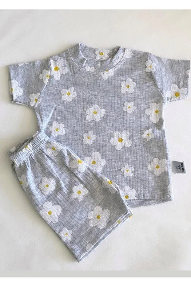 Детский комплект пижам для новорожденных с цветочным принтом Drop Kids, White-Grey — фото 4