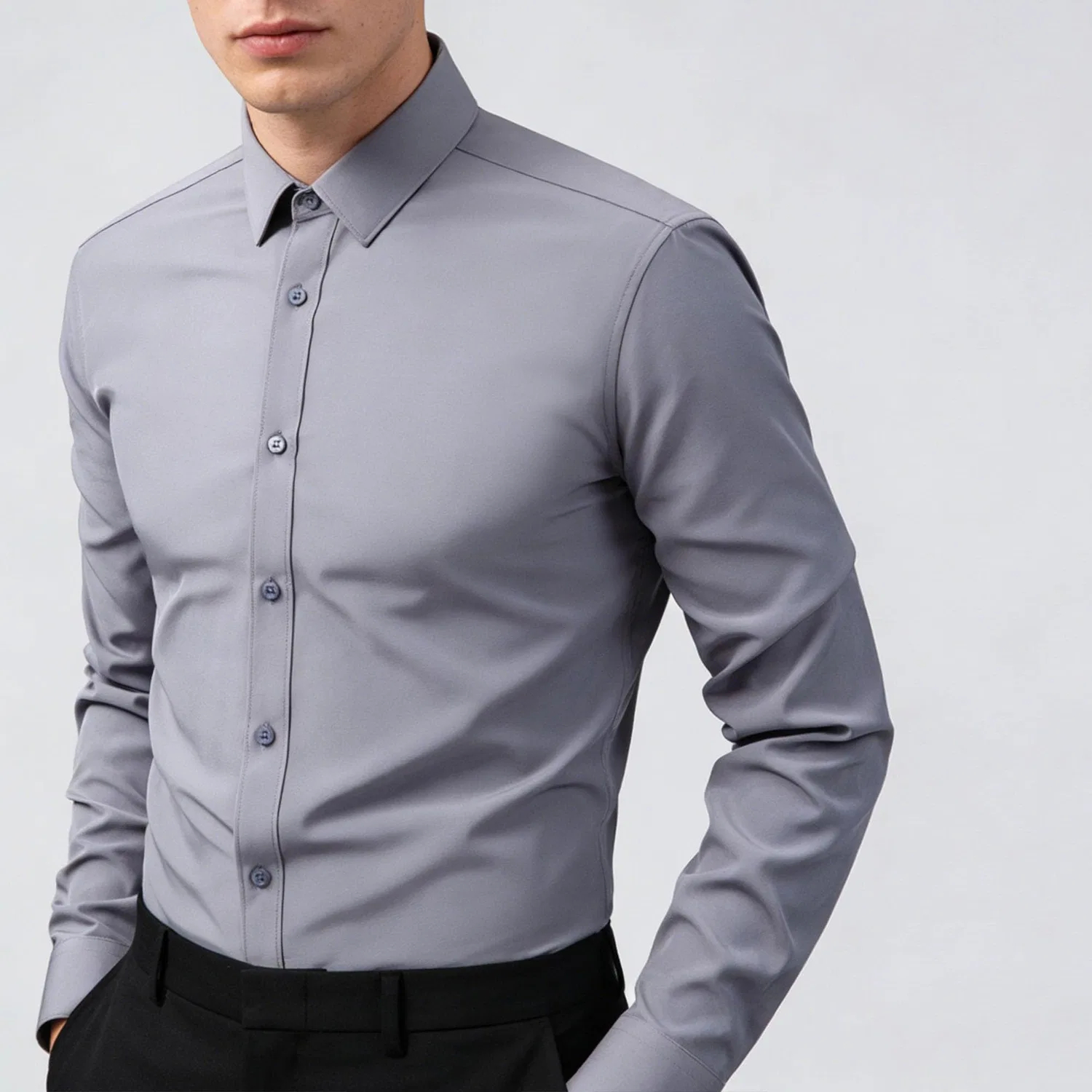 Мужская рубашка с длинным рукавом, современный slim fit, Grey — фото 4