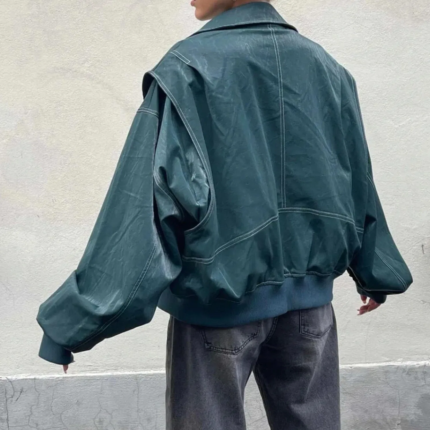 Женское пальто из экокожи с длинным рукавом Oversized Leather Outerwear Vintage Coat, Verde — фото 3