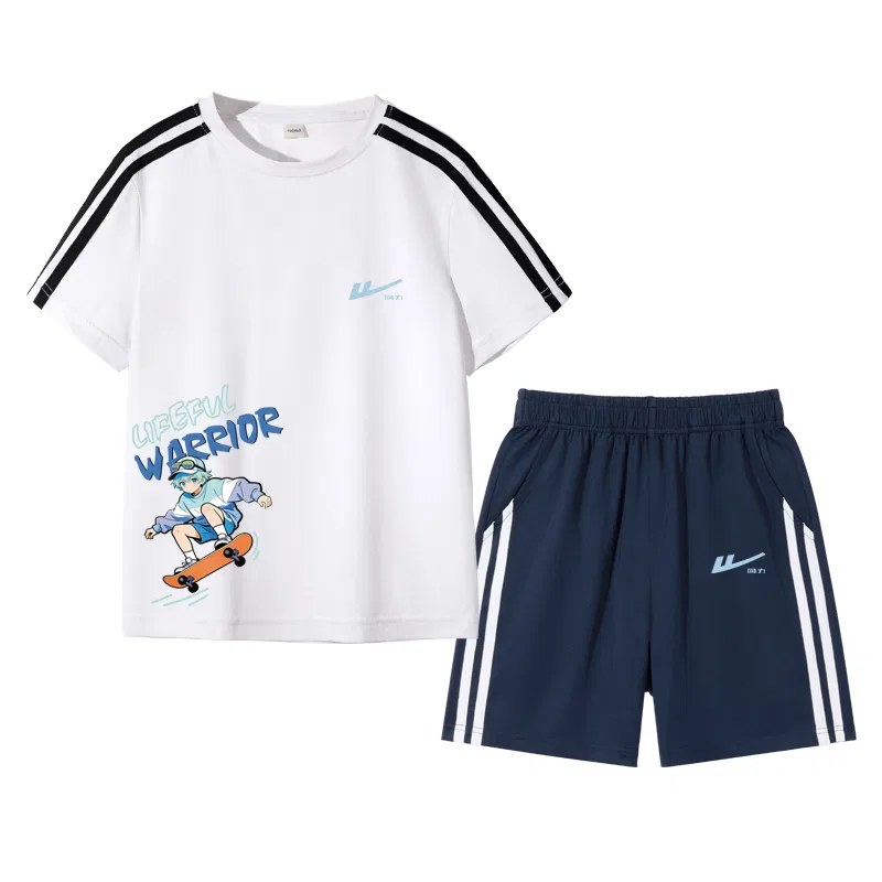 Детский спортивный комплект с принтом, Casual Sportswear Kids, WARRIOR, White/H Hui Li Qing Blue K+H Dynamic Skateboard Bottom-Navy Blue/H Hui Li Qing Blue K