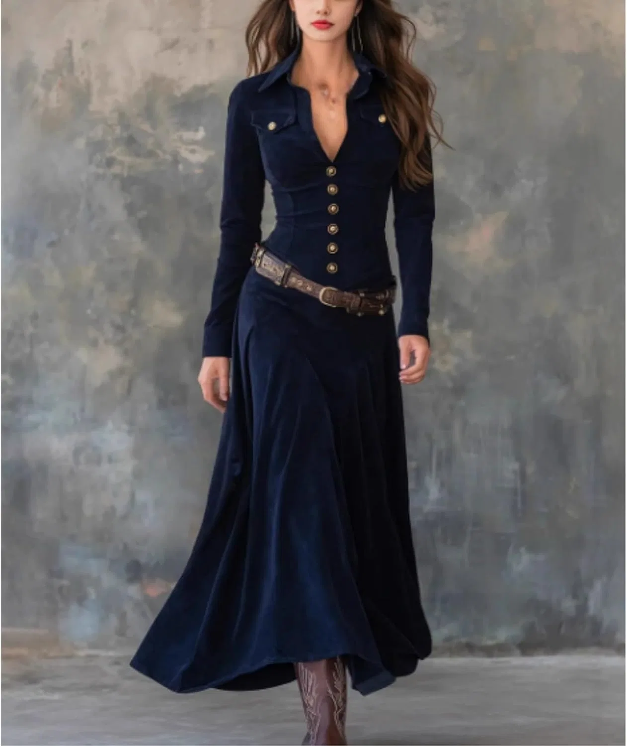 Женское платье миди с V-образным вырезом Western Dress, Dark Blue — фото 2