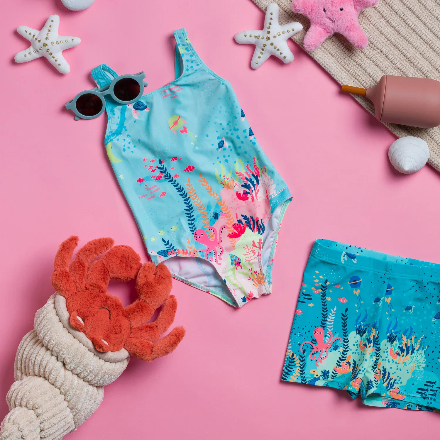 Детский купальник для девочек с принтом Badeanzug Baby/Madchen - Print hellblau Decathlon, Blasses Minzgrun Fluoreszierendes Blassrosa — фото 2