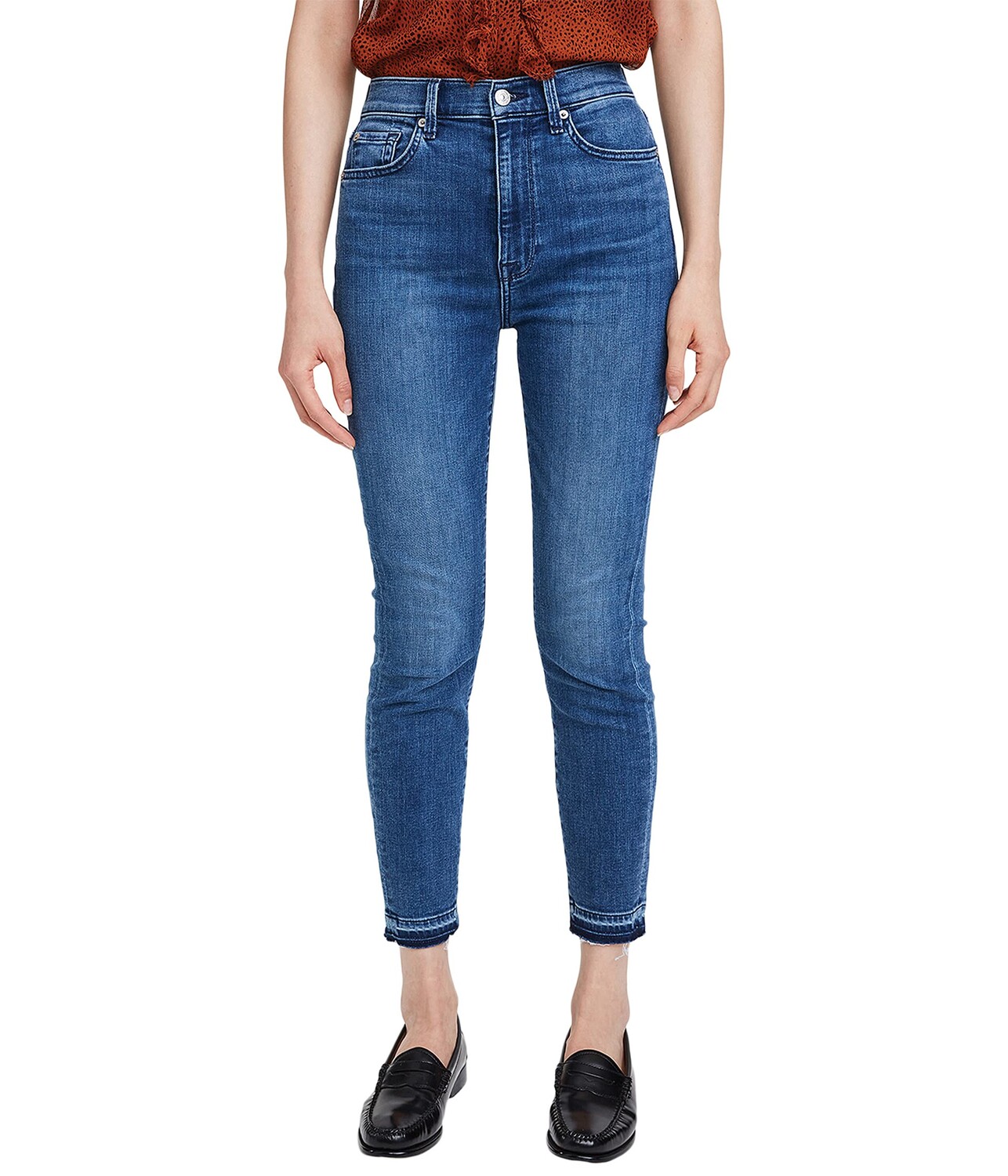 

Джинсы 7 For All Mankind, High-Waisted Ankle Skinny w/ Let Down Hem in Harbor