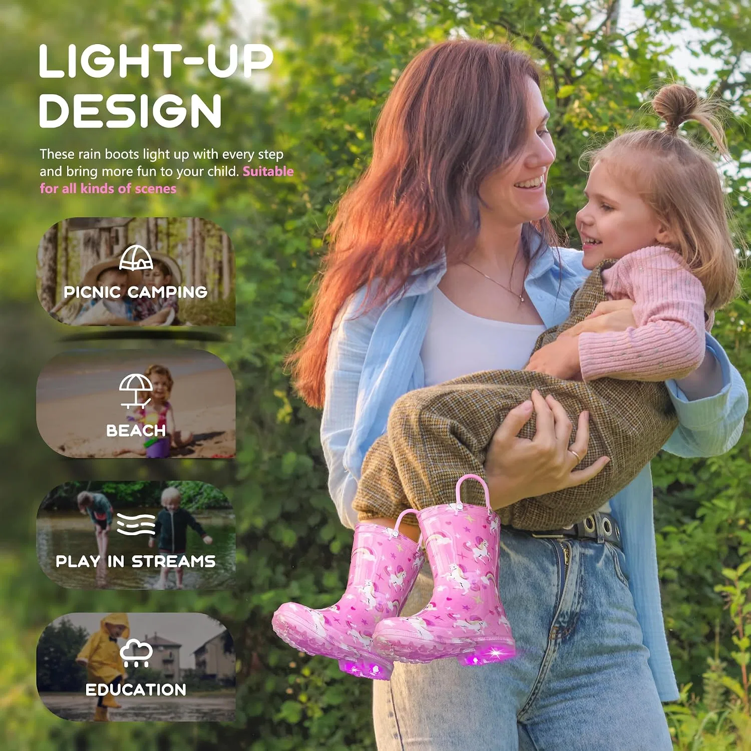 Детские сапоги дождевые для девочек с подсветкой Funspread, Light Pink — фото 4