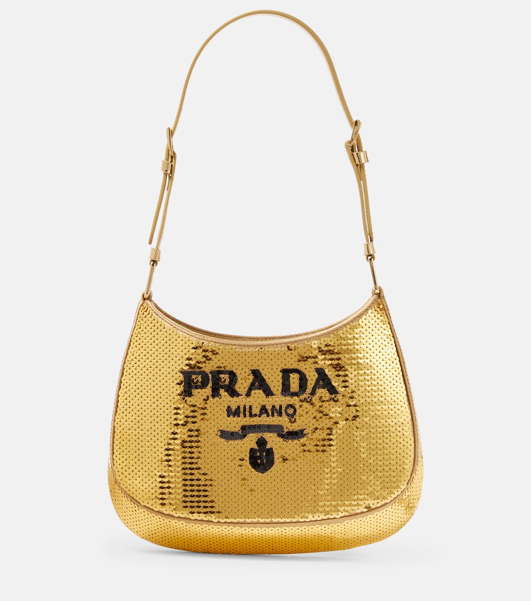 

Средняя блестящая сумка через плечо Cleo Medium Prada, Platino+Nero