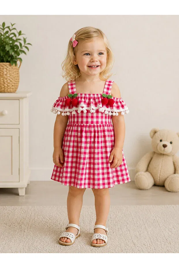Детское платье для девочек с принтом Cherry Detailed Gingham Allya Mini Dress, Pink