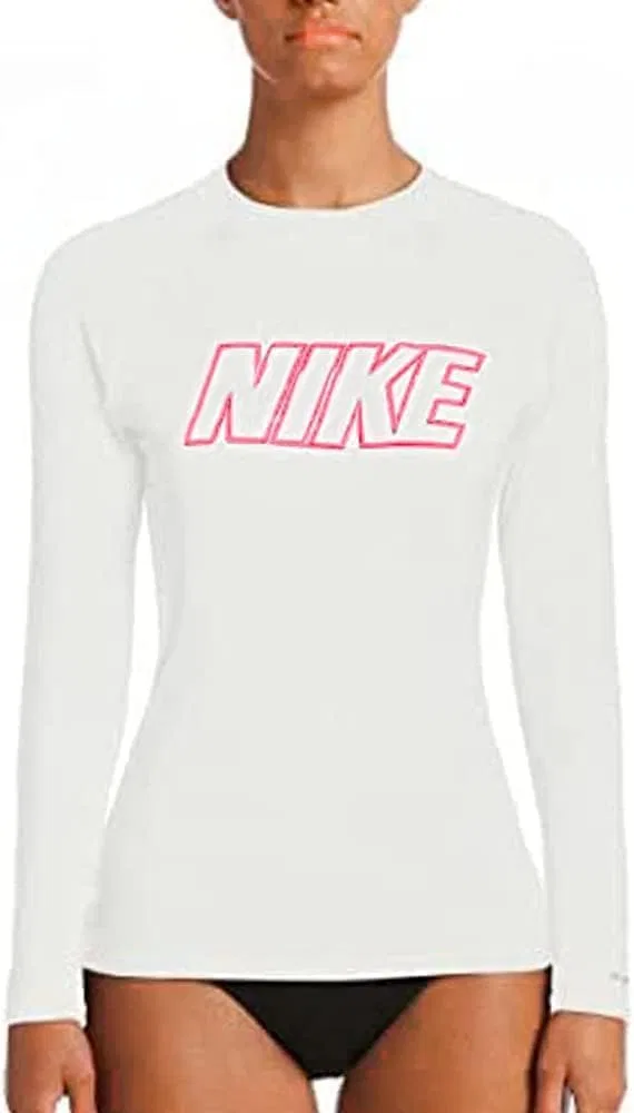Женская рашгард с длинным рукавом UPF 40+ Nike, White/Pink Spellout