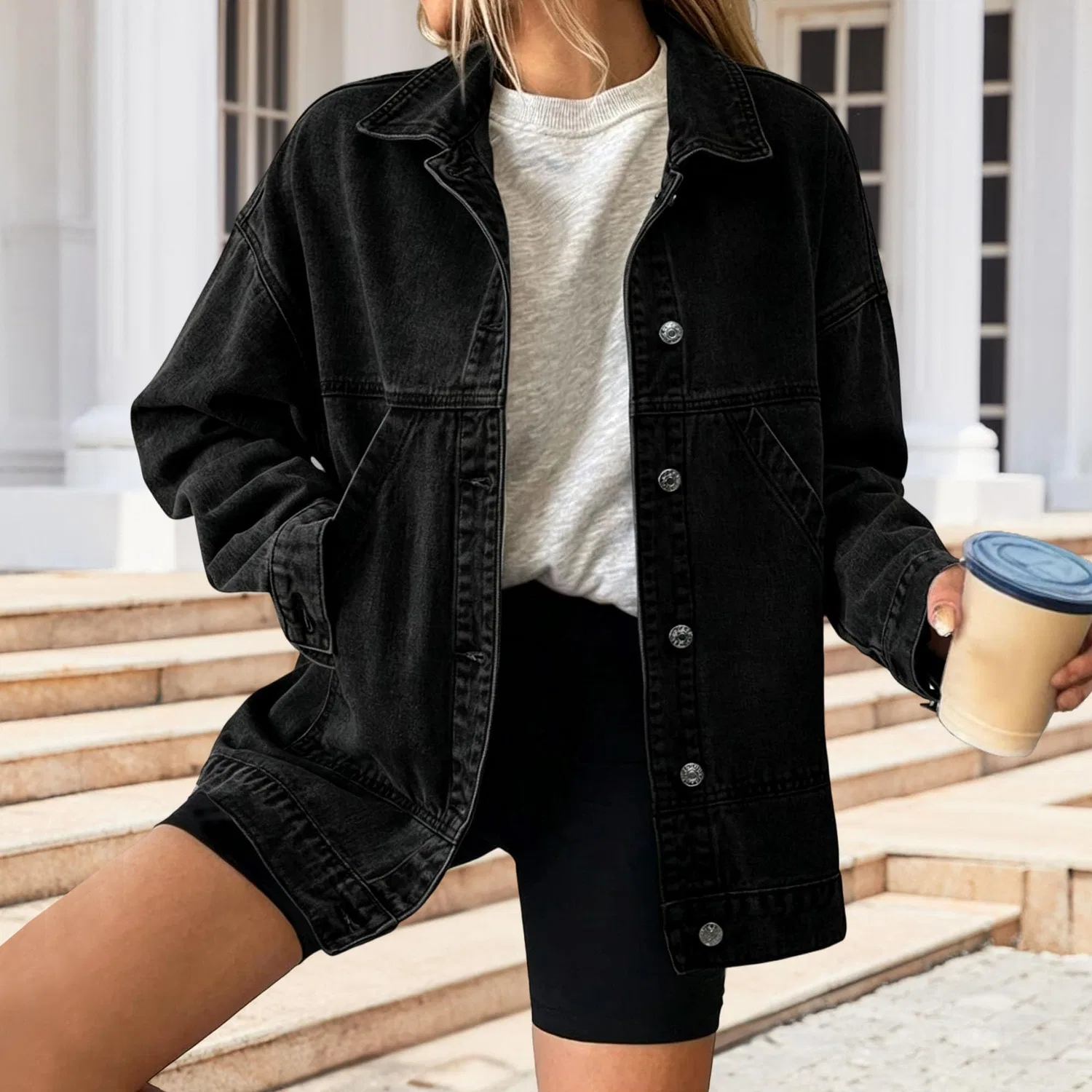 Женское джинсовое пальто oversize с открытыми плечами, Nero — фото 2