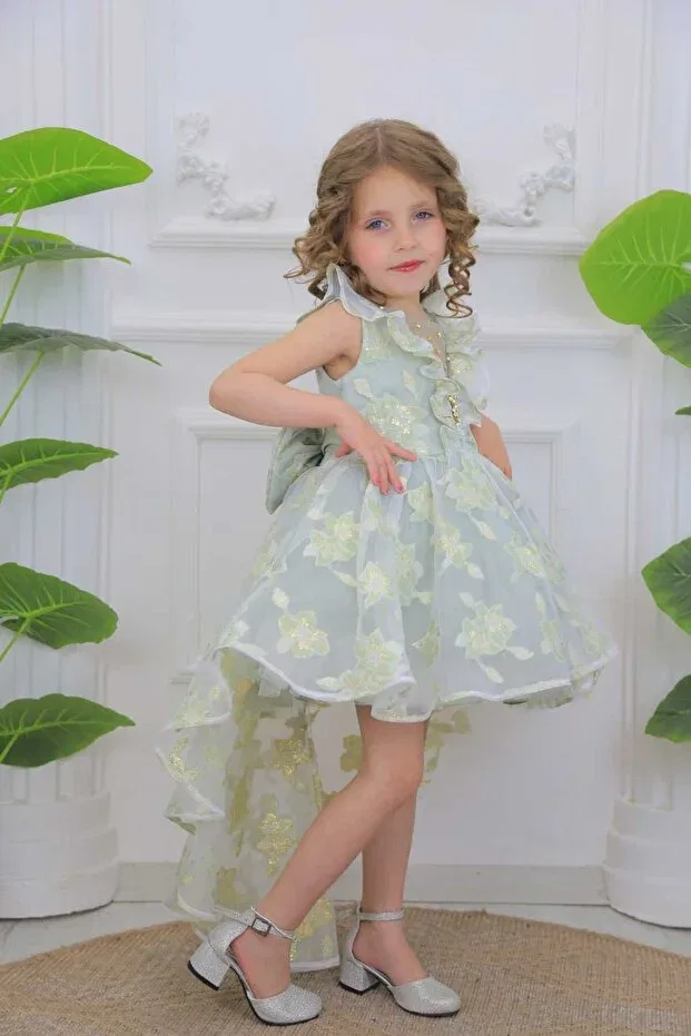 Детское платье для девочек с принтом Short Front and Back Long Flower Patterned Stone Detailed Miss Rain, Green — фото 3