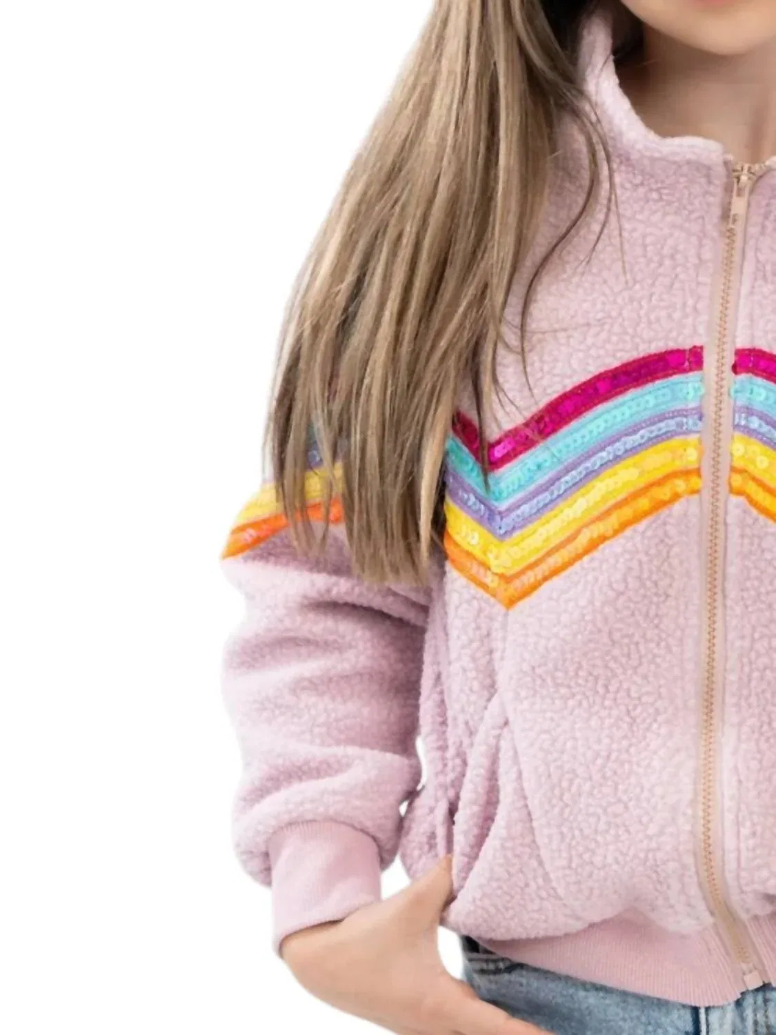 Детская куртка-шепа из полиэстера с радужной аппликацией из пайеток Rainbow Sequin Trim Zip Front Sherpa Jacket Tweenstyle, Dusty Rose — фото 2