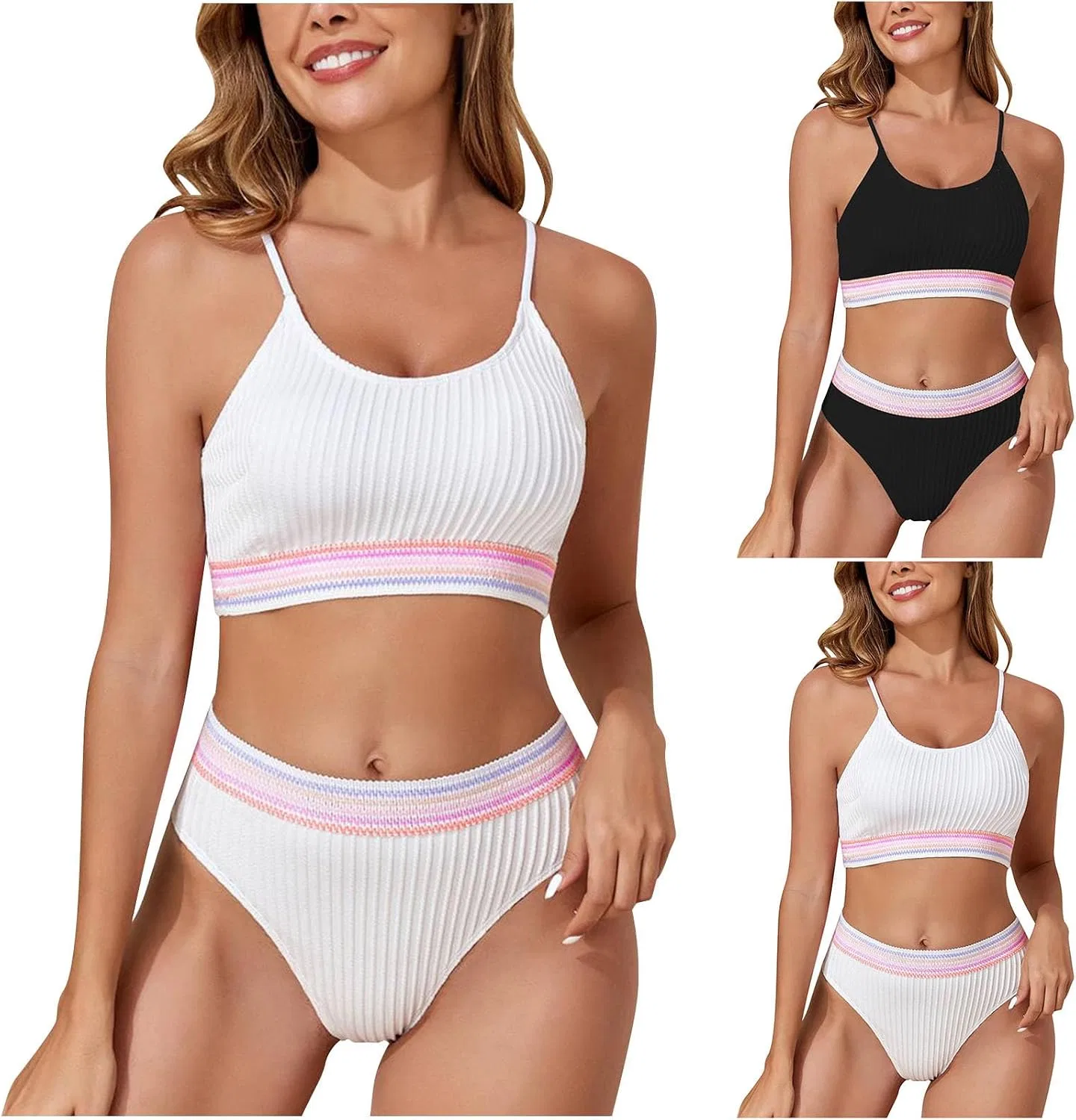 Женский бикини-комплект с высокой талией Ribbed, White