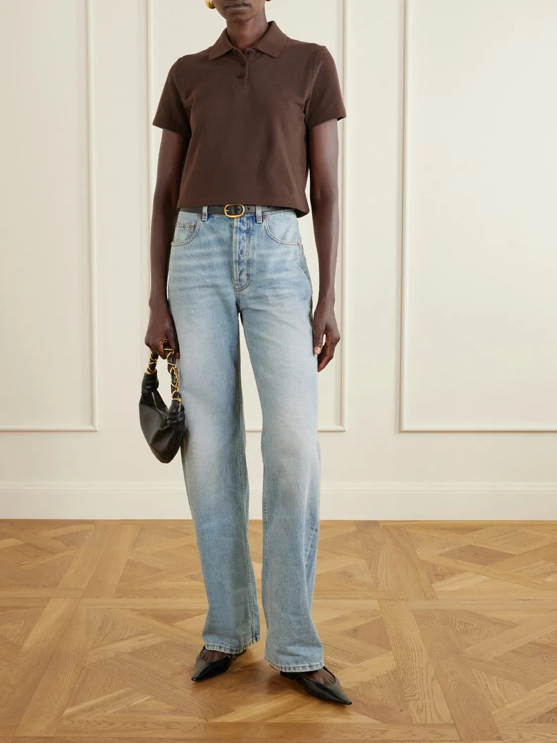 Укороченная футболка поло из хлопкового пике с вышивкой Кассандры. SAINT LAURENT, коричневый — фото 2