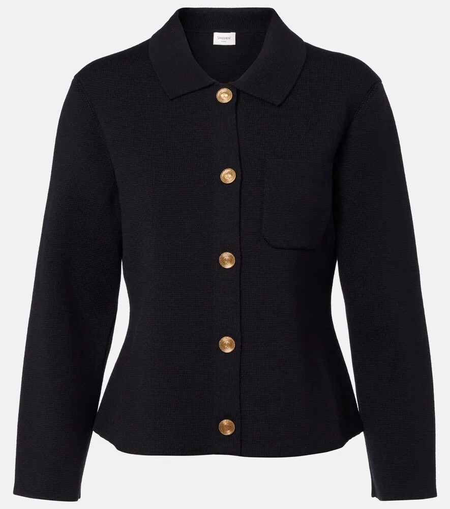 Кардиган из шерсти с вафельной вязкой Saint Laurent, синий