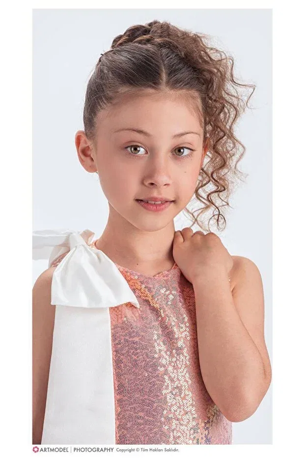 Детское платье для девочек с пайетками Collar Bow Sparkling Sequin Fabric Girls' Evening Dress Esterella, Salmon — фото 2