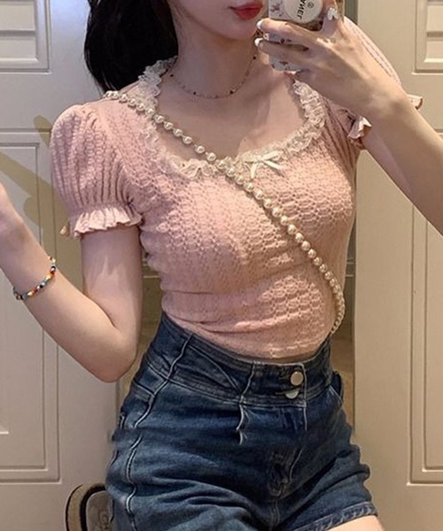 

Топ с квадратным вырезом и пышными рукавами, отделанный кружевом и лентой сзади Lace Ladies, розовый