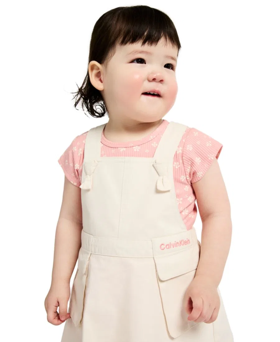 Детский комплект для девочек с принтом Ribbed Printed Bodysuit & Denim Overall Calvin Klein, Light Cream/Soft Pink — фото 2