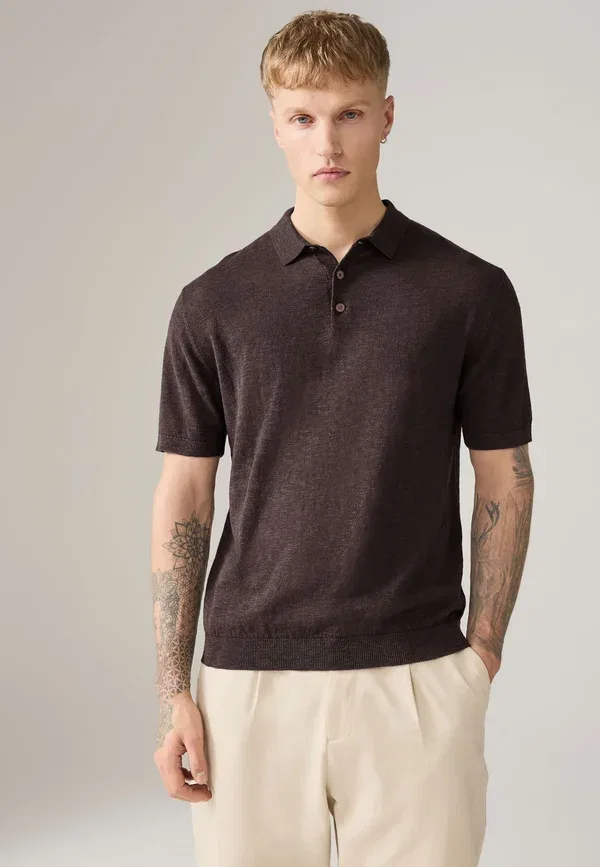 Футболка поло хлопок и лен Regular fit - short sleeve 2 pack Next, коричневый, кремовый — фото 3