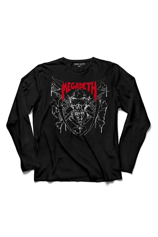 Детская футболка с длинным рукавом с принтом Long Sleeve T Shirt Megadeth Dave Mustaine Heavy Metal Rock Guitar Guitar Kendim Seçtim, Black