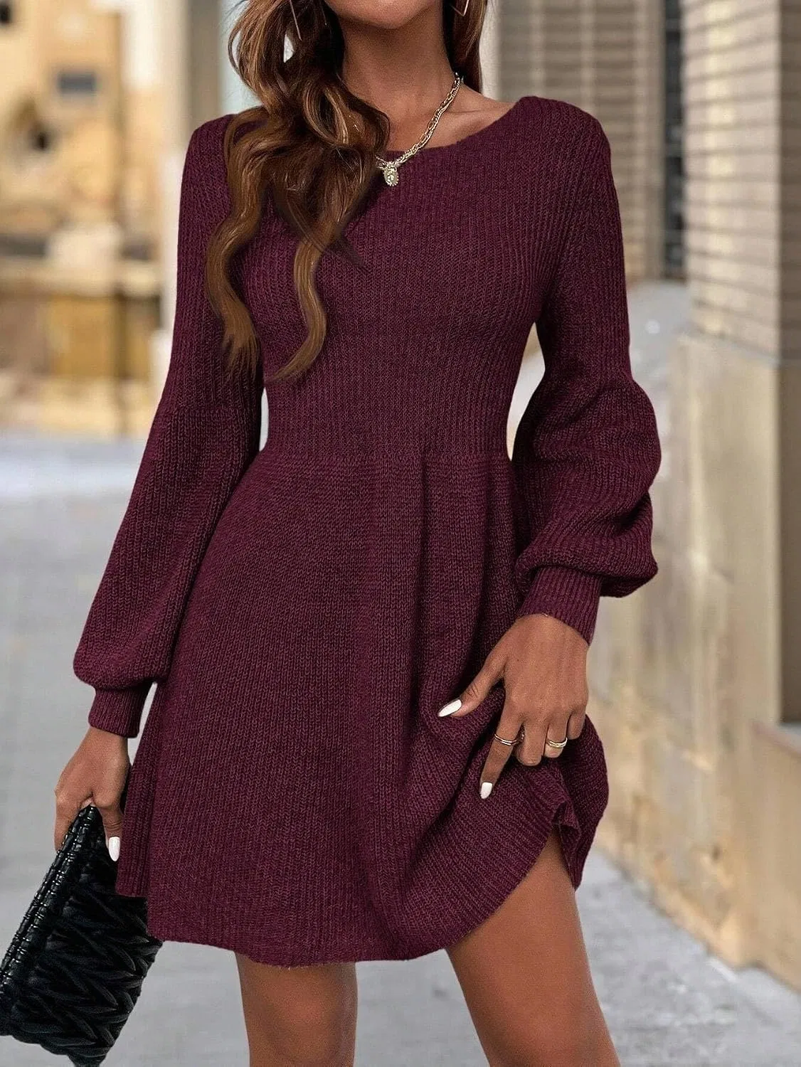 Женское короткое вязаное платье с круглым вырезом, Red Violet — фото 2
