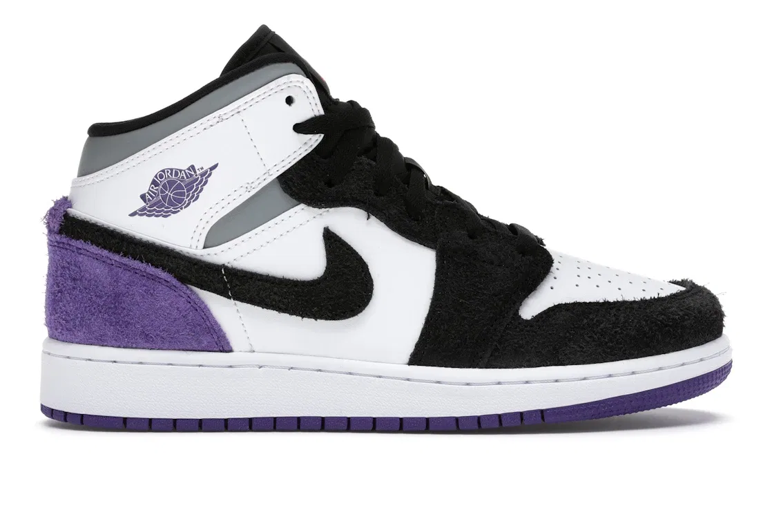 Детские кроссовки с замшевыми вставками Jordan 1 Mid SE Purple Jordan, White/Black-Light Solar Flare Heather-Varsity Purple