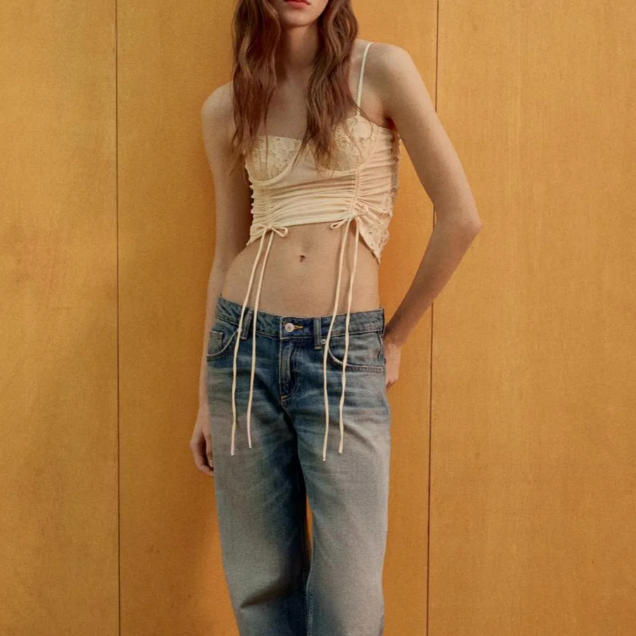 Женская майка на бретелях с приталенным кроем, Raw White, ZARA — фото 4