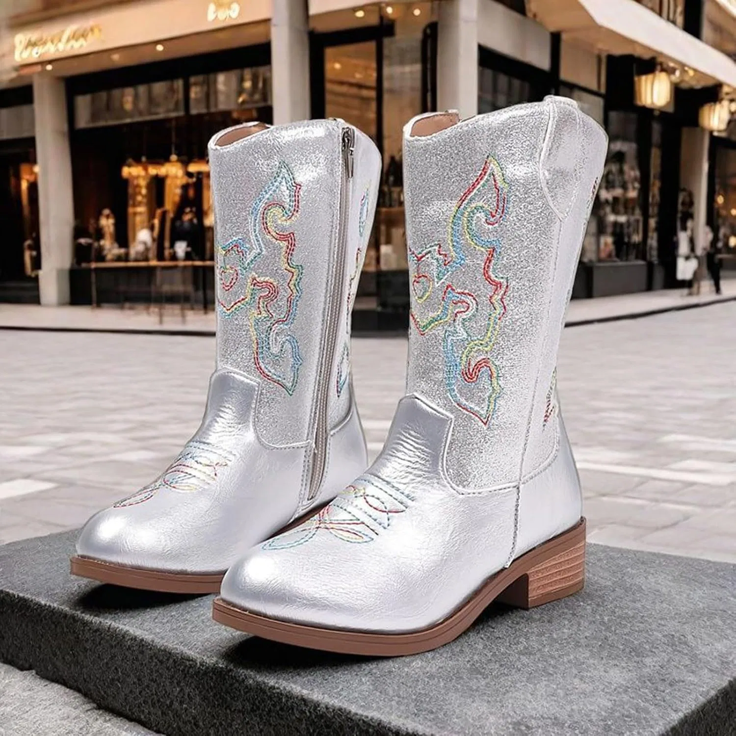 Детские сапоги для девочек с вышивкой ковбойские с боковой молнией Cowgirl Western Boots, Silver — фото 2