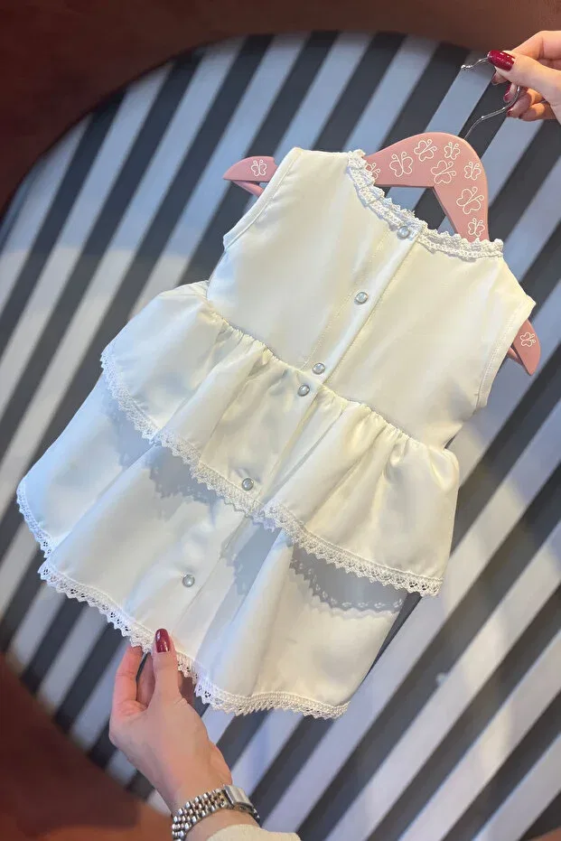 Детское платье для девочек кружевное Lace crepe dress for baby girl - layered skirt, mevlüt off white Bertuğ, Off-White — фото 3