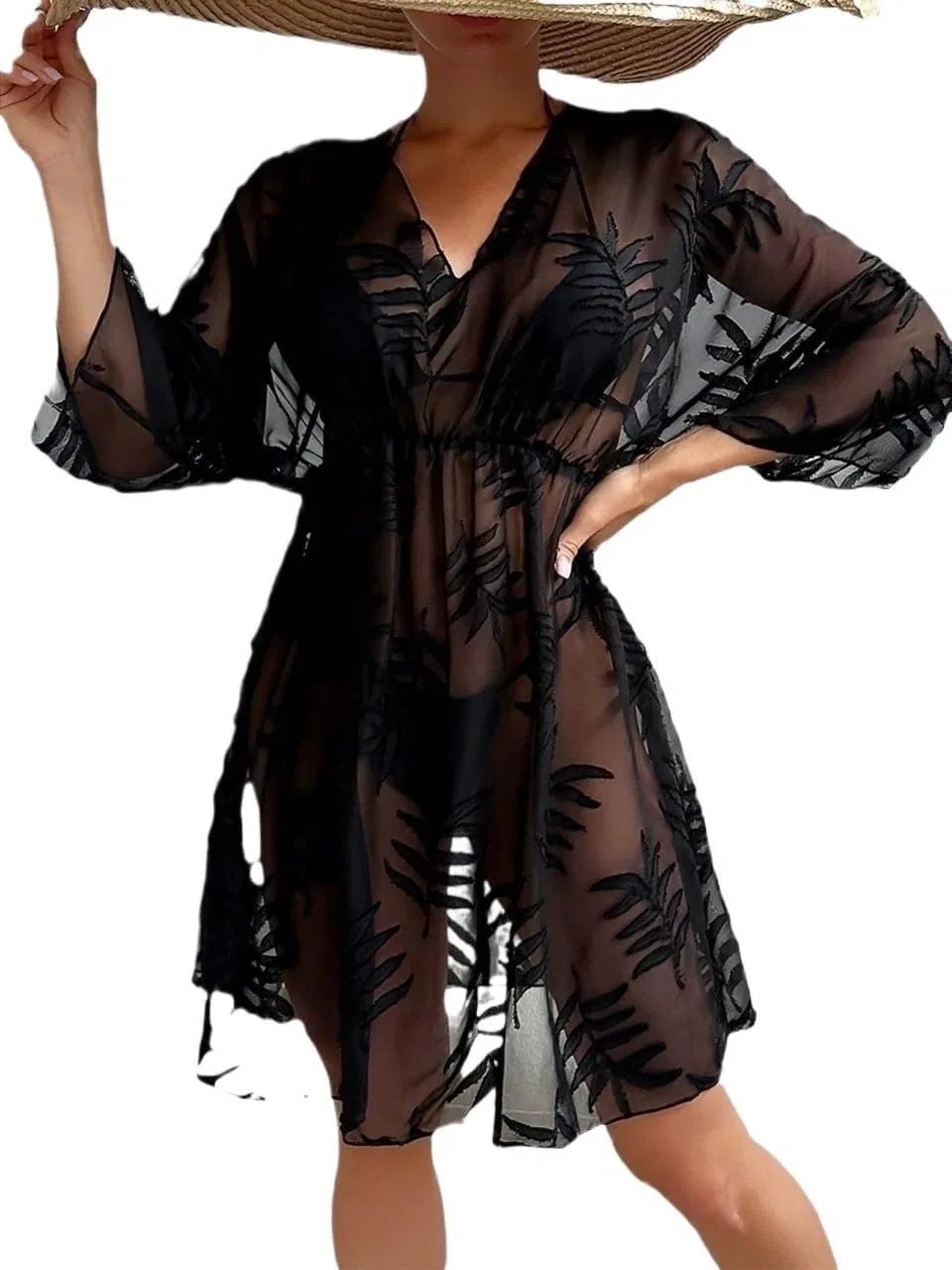 Женская пляжная туника с поясом Batwing Sleeve, Black