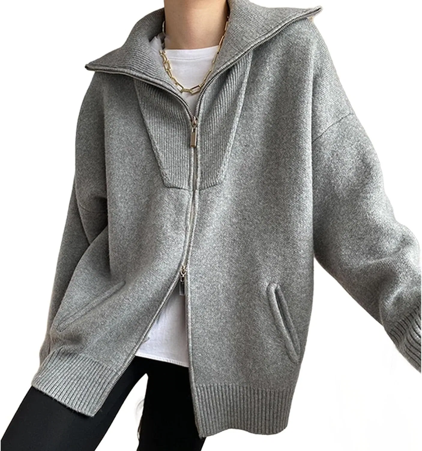 Женский кардиган на молнии с воротником-стойкой, Wool Knitted Double Zipper Sweater